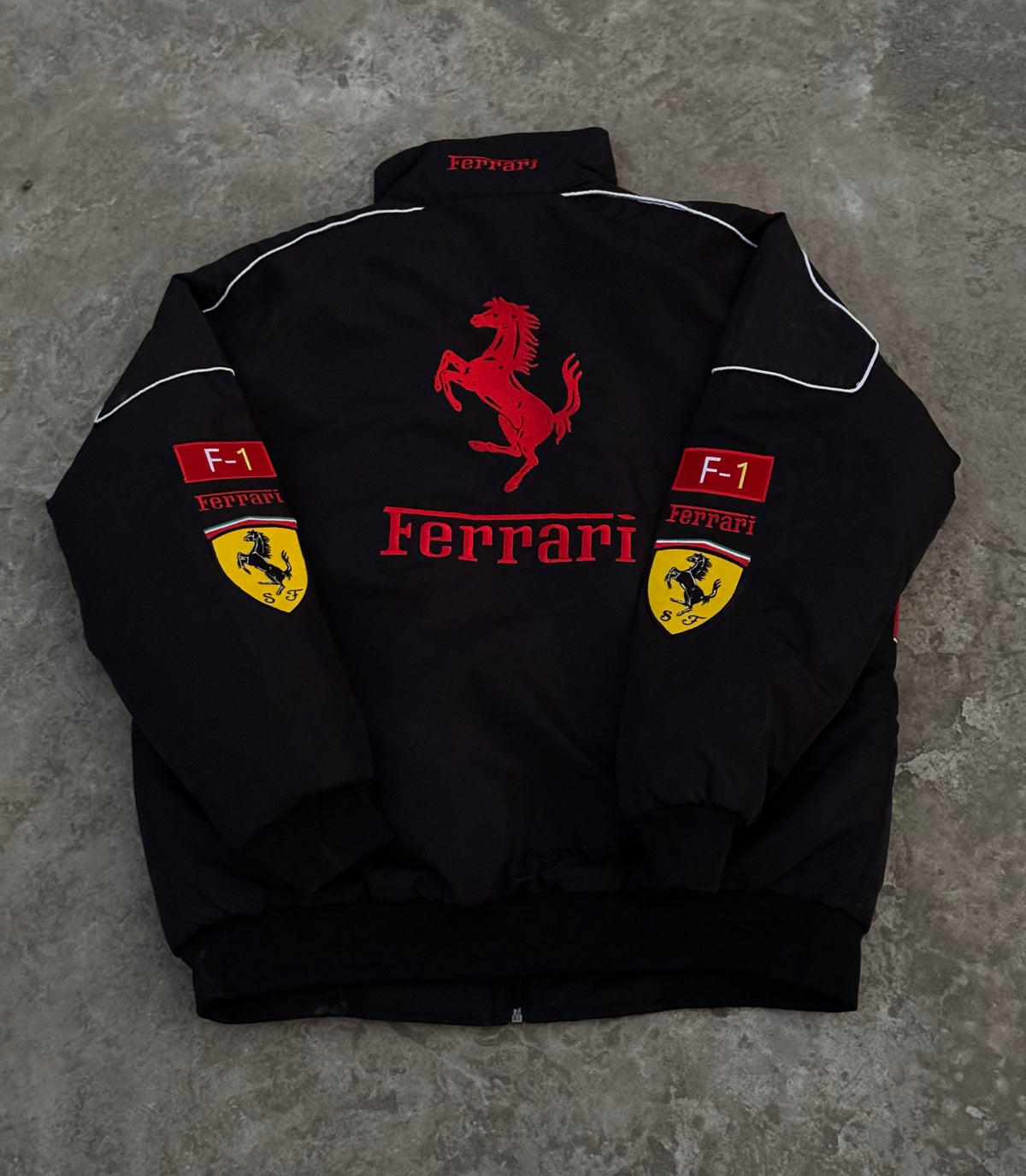 Black Ferrai F1 fully embroidery parachute material jacket